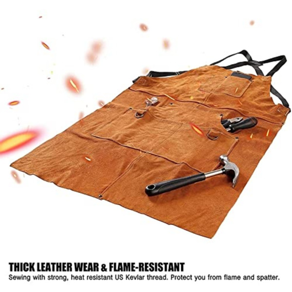 Work area apron with 6 tool bags, heat-resistant and flame-retardant, durable, heavy-duty welding apron, suitable for both men and women, 37.8in * 26in (Brown)