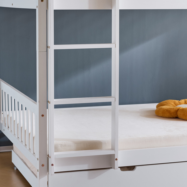 Full Size Bunk Bed with Trundle Bed, with Ladder and Safety Rails Pinewood Bunk Bed White