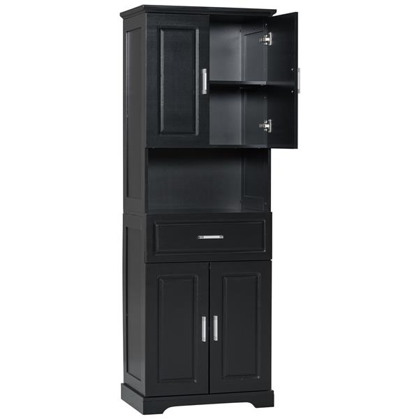 Tall Bathroom Cabinet with Four Doors, Large Storage Space Open Shelve, Upper Storage Cabinet, Black