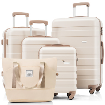 5-Piece Luggage Set with Expandable Travel Bag - Includes 16\\", 20\\", 24\\", 28\\" Suitcases with 360° Spinner Wheels and Adjustable Telescopic Handles,ivory and golden