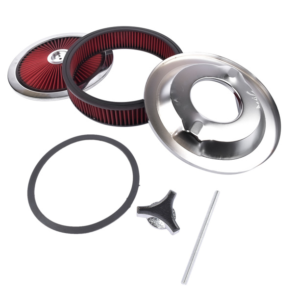 14" x 3" Aluminum Round Red Thru Air Cleaner Drop Base with Chrome Lid for Chevrolet SBC BBC