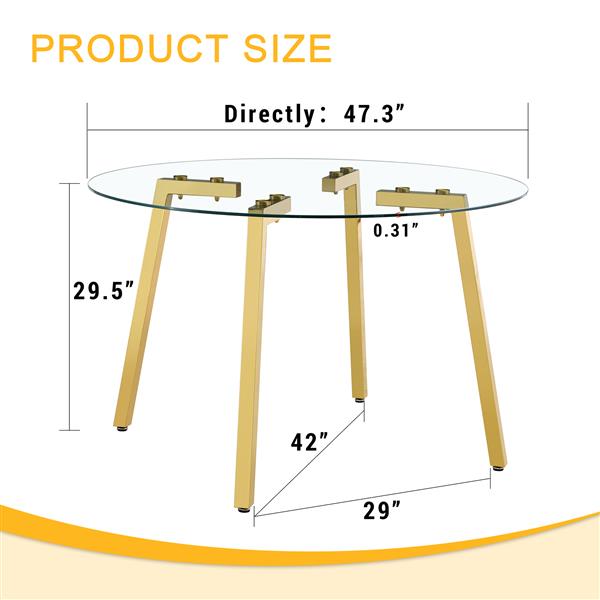 Modern Luxurious Round Tempered Glass Dining Table with Gold 7-Shaped Metal Legs,suitable for family meals, office conferences, or as a casual coffee table for various occasions.47.3*47.3*29.5