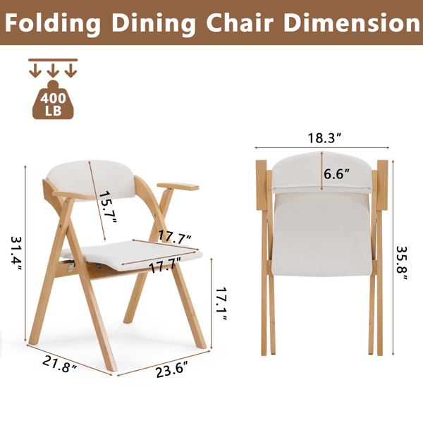 Set of 2 Wooden Folding Chairs with Padded Seats and Armrests, Portable Simple Folding Chairs with Cushion for Guests Kitchen Office Wedding Party Picnic, Natural Frame with Beige Cushion