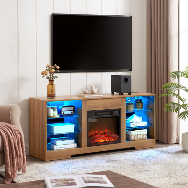 TV Stand Electric Fireplace Glass Shelves, 3D Fireplace TV Stand with LED Lights Wood with USB Charging Outlet Modern Television Table Center for TV up to 62" OAK 58''W*15.5''D*24.4 