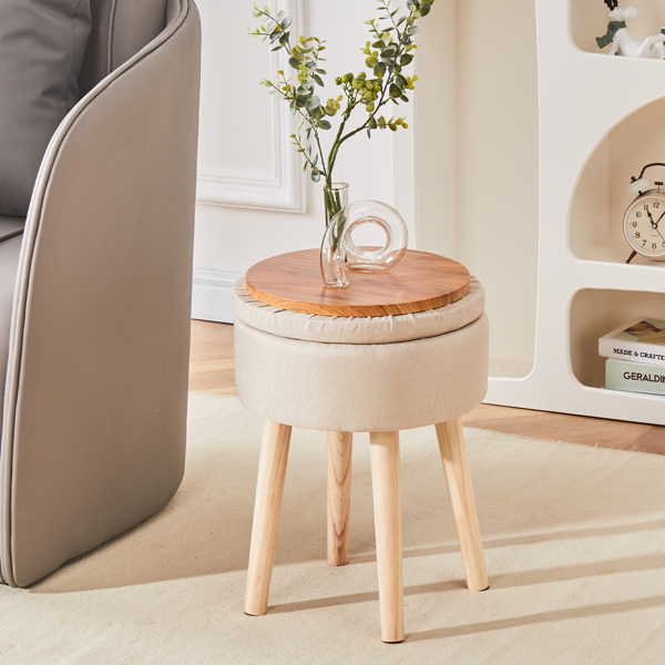 Storage Ottoman Linen Round Vanity Stool Tray Top Modern Foot Stool with Wood Legs Multifunctional Upholstered Foot Ottoman Rest for Living Room, Bathroom, Makeup Beige