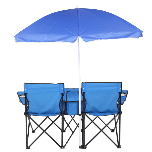 Portable Outdoor 2-Seat Folding Chair with Removable Sun Umbrella Blue