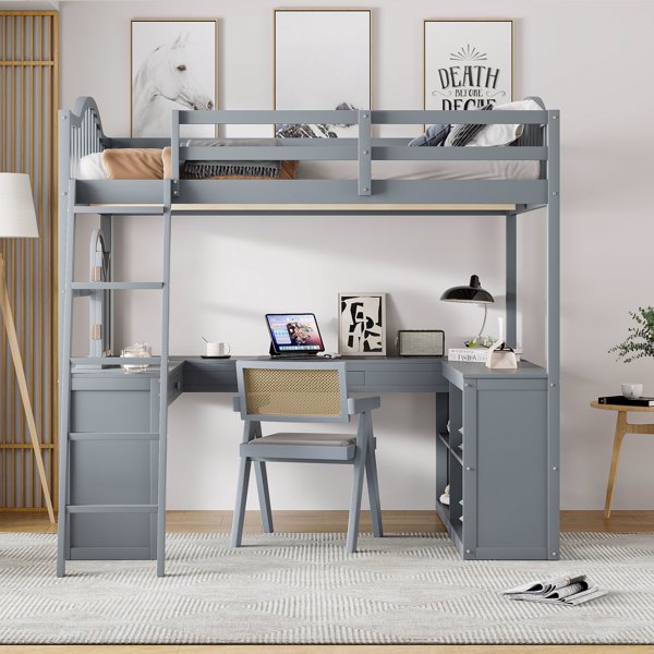 Full Wooden Loft Bed with U-shaped Desk,Storage Compartments and Tri-fold Mirror, Gray 