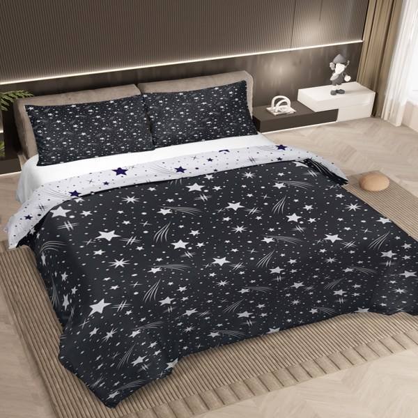 3 Piece Sparkle Black Meteor Shower Printed Duvet Cover Set Queen Size for Home Bedroom Decor