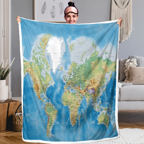 3D World Map Travel Printed Sherpa Fleece Blanket 60*80 Inches Navy Blue World Landmark Abstract Map Modern Fleece Blankets for Home Bedroom