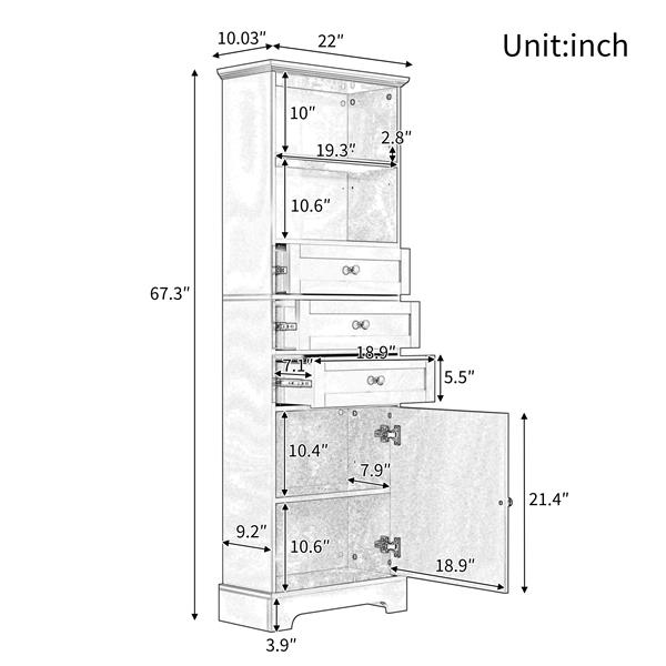 Gray Tall Storage Cabinet with 3 Drawers and Adjustable Shelves for Bathroom, Study, Office and Interior, MDF Board with Painted Finish