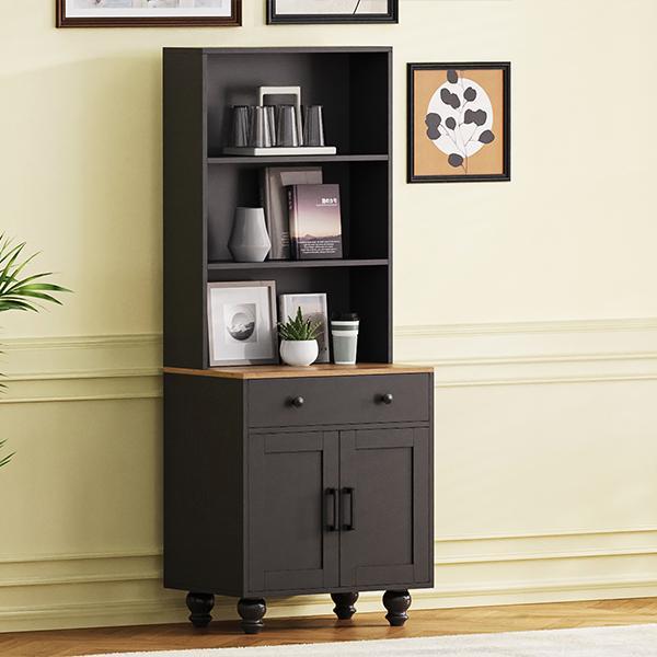 Farmhouse Storage Cabinet with 4 Solid Wood Gourd-Shaped Legs, Modern Kitchen Pantry Cabinet with Adjustable Shelves, 5 Tier Bookshelf with Drawer for Living Room, Black