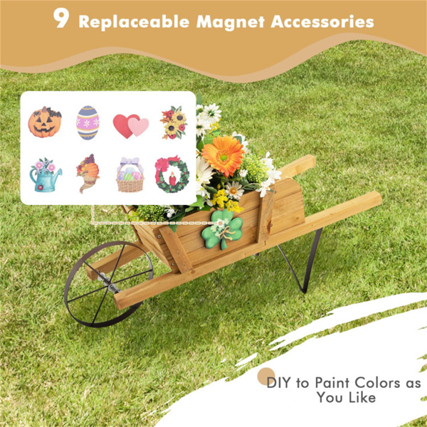 2 In 1 Wheelbarrow Planter，Wooden Wagon Planter with 9 Magnetic Accessories for Garden Yard