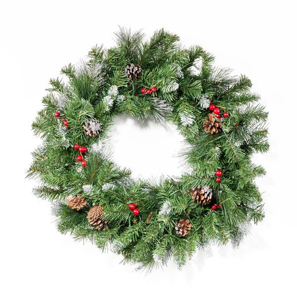 2-packed 24'' Glitter Bristle Mixed Wreath with with 9 Red Berry and 9 Pine Cones and 50 Warm White LED Lights with Timer-Battery Operated-Outdoor, 150 tips