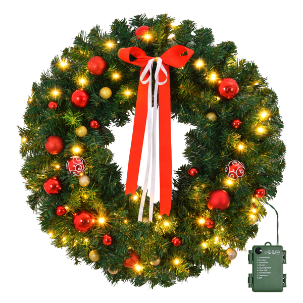 24in Pre-lit Battery Powered Christmas Wreath, Lighted Artificial Xmas Wreath with 50 Warm Lights and 80 PVC Tips and 14 DIY Ornaments, for Front Door Gate Wall Xmas Party Decorations