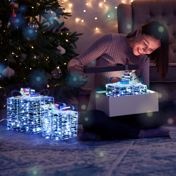 Lighted Iridescent Gift Boxes Set of 3, Pre-lit Nestable Present Boxes Ornament with 140 LED  White Lights and Stakes for Christmas Outdoor Indoor Decor Lighted Holiday Displays