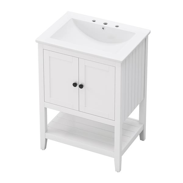 24" White Modern Sleek Bathroom Vanity Elegant Ceramic Sink with Solid Wood Frame Open Style Shelf