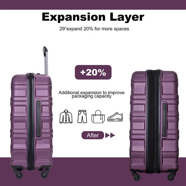 Expandable 3 Piece Luggage Sets PC Lightweight & Durable Suitcase with Two Hooks, Spinner Wheels, TSA Lock, (21/25/29) Dark Purple