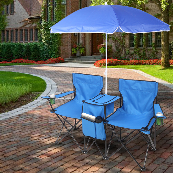 Portable Outdoor 2-Seat Folding Chair with Removable Sun Umbrella Blue