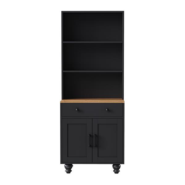 Farmhouse Storage Cabinet with 4 Solid Wood Gourd-Shaped Legs, Modern Kitchen Pantry Cabinet with Adjustable Shelves, 5 Tier Bookshelf with Drawer for Living Room, Black