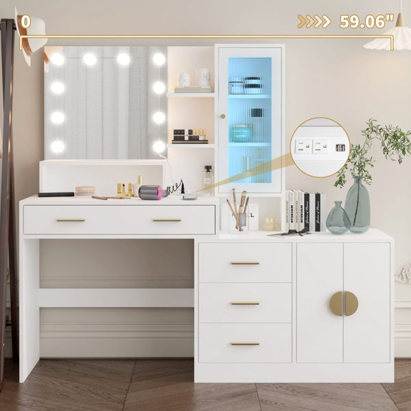 Large Makeup Vanity with Lights, Vanity Table with Charging Station, Vanity Desk with Mirror and 10 LED Light Bulbs, Makeup Table with Drawers and Storage Shelves and Cabinets, White