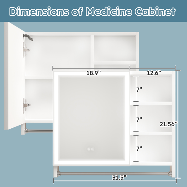 Modern 32x28inches bathroom cabinets, medicine cabinets with mirrors and LED lights, bathroom lockers with multilevel storage compartments and towel rails 