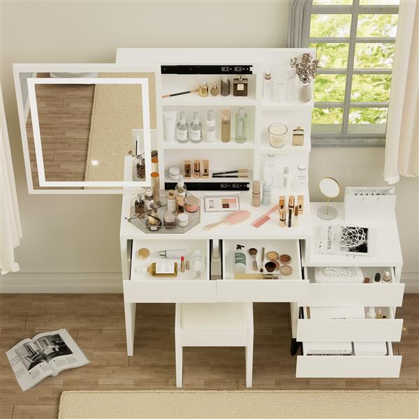 45.3" Long Large Vanity Desk with Mirror and Lights for Makeup and Chair, Vanity Mirror with Lights and Table Set with 3 Color Lighting Brightness Adjustable, 5 Drawers, White Color