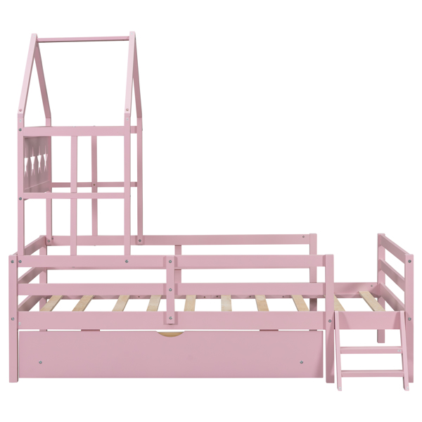 Wood Twin Size House Platform Bed with Guardrail and Drawer, Pink