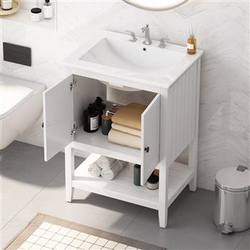 24\\" White Modern Sleek Bathroom Vanity Elegant Ceramic Sink with Solid Wood Frame Open Style Shelf