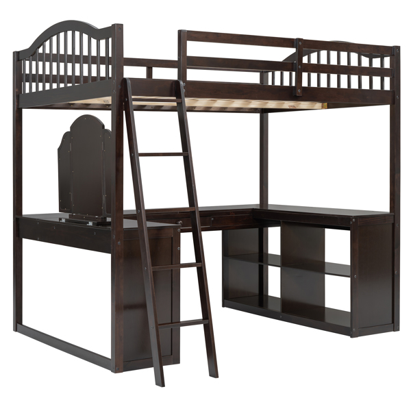 Full Wooden Loft Bed with U-shaped Desk,Storage Compartments and Tri-fold Mirror, Espresso 