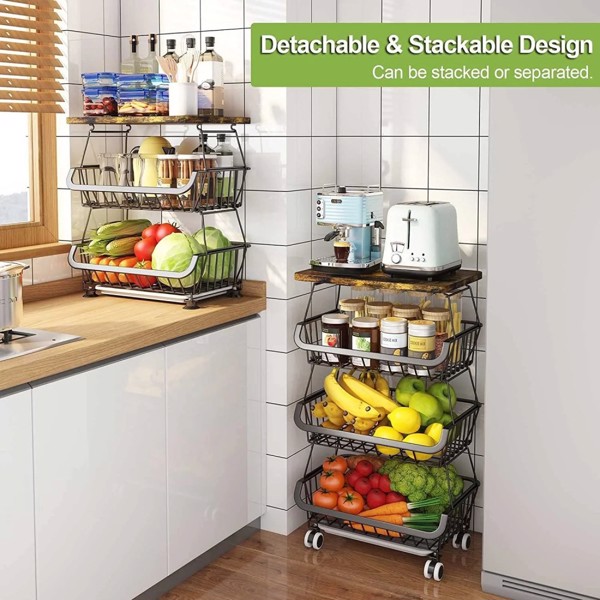 4 Tier Fruit Storage Basket, Fruit Vegetable Cart with Solid Wood, Kitchen Storage Rack with Rollers for Pantry