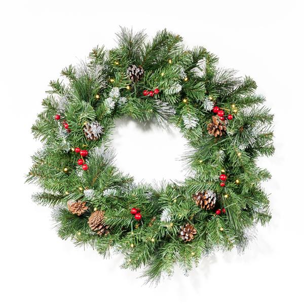 2-packed 24'' Glitter Bristle Mixed Wreath with with 9 Red Berry and 9 Pine Cones and 50 Warm White LED Lights with Timer-Battery Operated-Outdoor, 150 tips