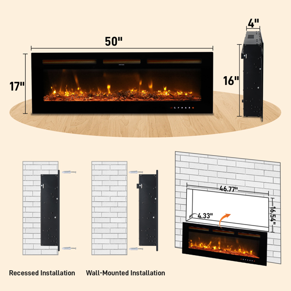 ZOKOP 50" Smart WiFi Electric Fireplace Insert, 1500W Wall Recessed/Mounted, Freestanding Fireplace Heater with Remote Control, 12 Color Adjustable Flames, Thermostat, 8H Timer, 5 Brightness Settings