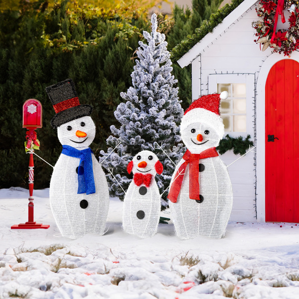 Lighted Snowman Christmas Yard Decorations, Set of 3 Pre-lit 2D Snowman Family with 80 LED White Lights and Stakes for Xmas Outdoor Holiday Indoor Decor Lighted Holiday Displays