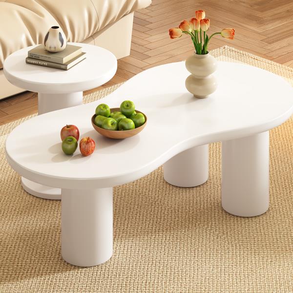 Easy Assembly Nesting Coffee Table Set of 2, Cream Style Cloud Coffee Table with Round Small Side Table,  Irregular Center Table with Thick Legs for Living Room, White, 39.3''x 13.7'',Φ15.7''