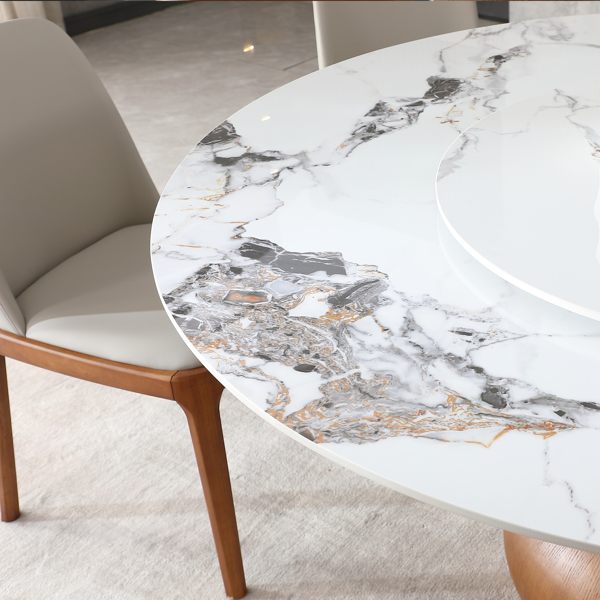 5pcs Modern Marble Dining Table, 59" Round Sintered Stone Table for Dining Room, Kitchen, Dinette, Compact Space With Lazy Susan(1table+4 chairs) -LTL item