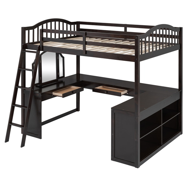 Full Wooden Loft Bed with U-shaped Desk,Storage Compartments and Tri-fold Mirror, Espresso 