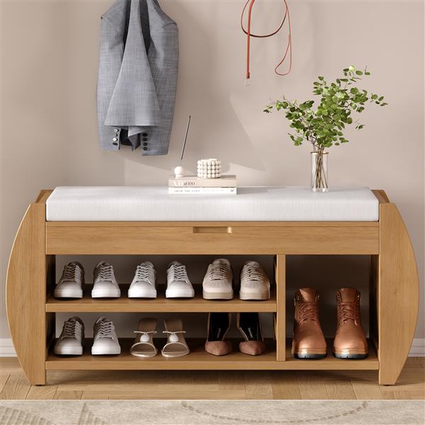 Retro Multifunctional Storage Bench with Cushion and Curved Side Panel for Entrance and Living Room (Natural)