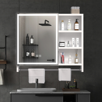 Modern 32x28inches bathroom cabinets, medicine cabinets with mirrors and LED lights, bathroom lockers with multilevel storage compartments and towel rails 