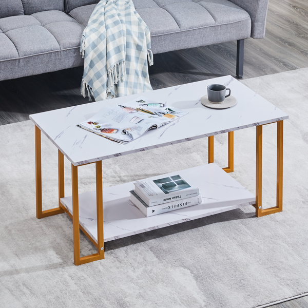  Coffee Table, 2 Layers 1.5cm Thick Marble MDF Rectangle 39.37" L Tabletop Iron Coffee Table , Dining Room, Coffee Shop, Resterant, White Top, Gold Leg 