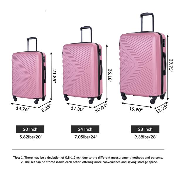 3 Piece Luggage Sets ABS Lightweight Suitcase with Two Hooks, Spinner Wheels, TSA Lock, (20/24/28), Pink