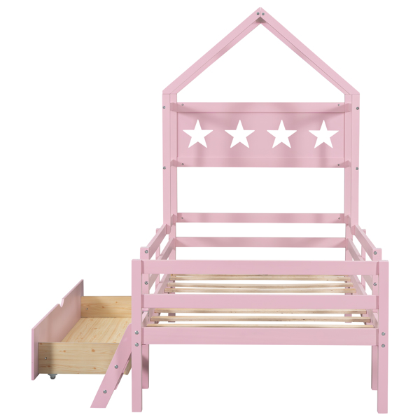 Wood Twin Size House Platform Bed with Guardrail and Drawer, Pink