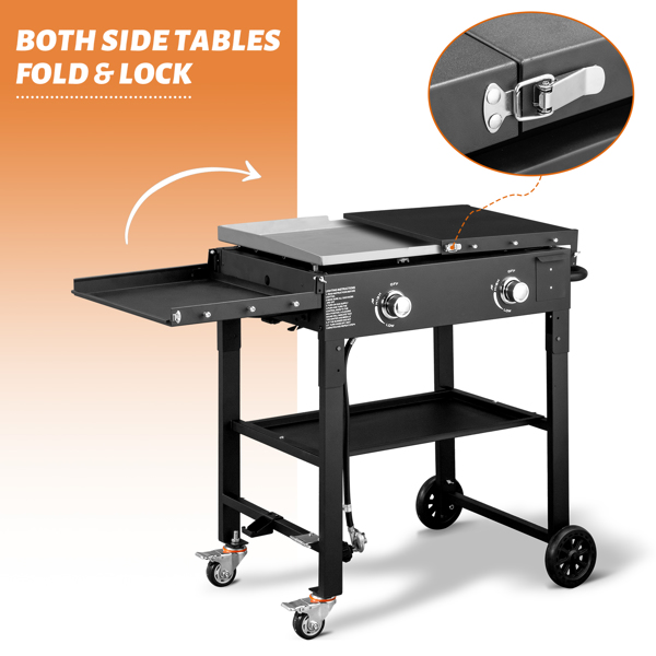 Foldable 2-Burner Flat Top Gas Griddle Cooking Station, Propane Fuelled Griddle Station with Side Shelves for Outdoor Barbecue Backyard Cookout