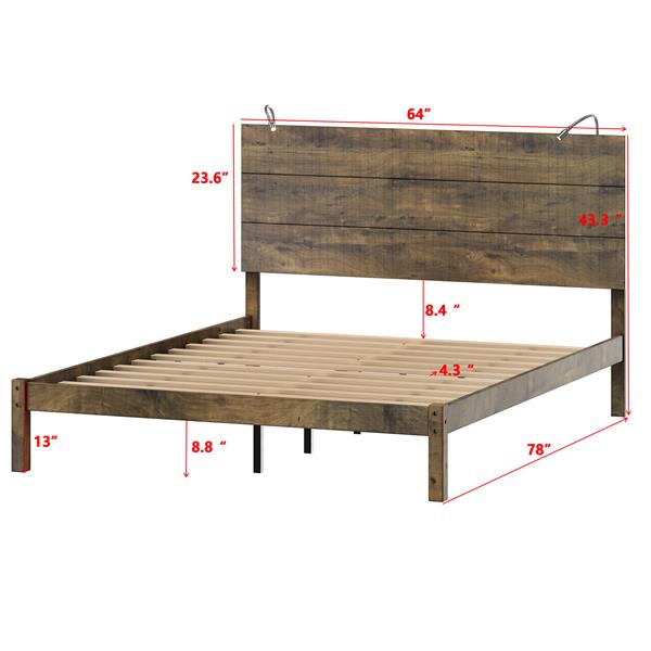 Farmhouse Wooden Platform Queen Size Bed, Modern Platform Bed with Two Bedside Lights, Antique Walnut