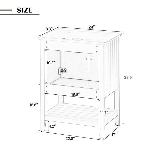 24" White Modern Sleek Bathroom Vanity Elegant Ceramic Sink with Solid Wood Frame Open Style Shelf