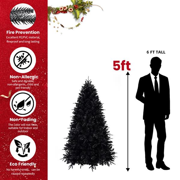 9ft Pre-Lit Black Christmas Tree, Full Halloween Xmas Artificial Tree 3176 Branch Tips, 750 Lights, Metal Hinges, Foldable Base, Holiday Decoration - Black