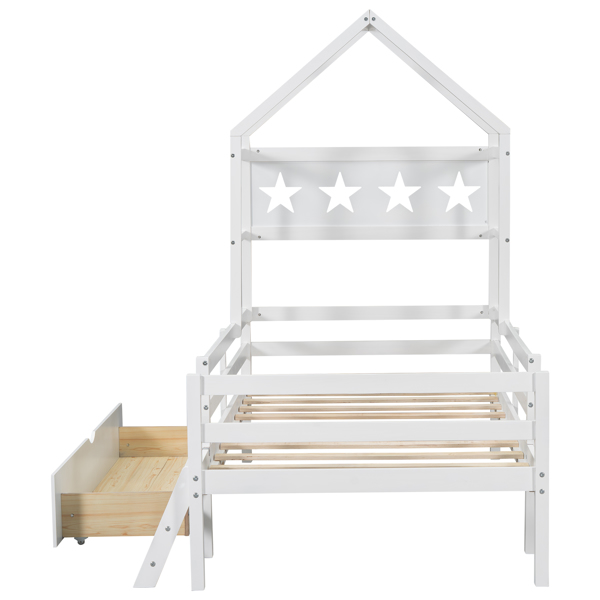 Wood Twin Size House Platform Bed with Guardrail and Drawer, White 