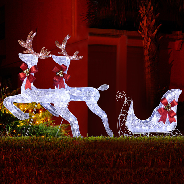 3-Piece Lighted Set of 2 Reindeer & Sleigh, Weather Proof Christmas Outdoor Decorations with Pre-lit 270 LED White Lights and Stakes for Xmas Outdoor Holiday Indoor Decor Lighted Holiday Displays, Whi