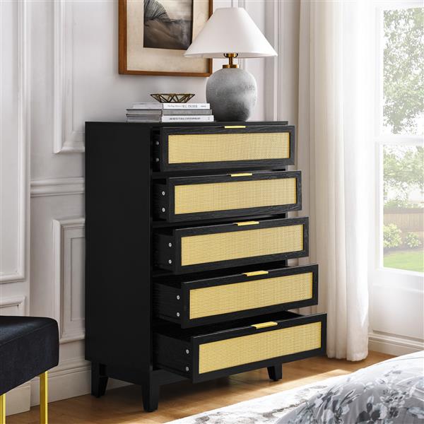 Bedroom 5 drawer dresser, rattan dresser modern wooden chest of drawers with spacious storage space for bedroom hallway living room