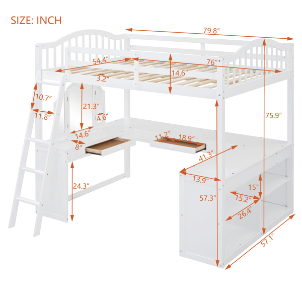 Full Wooden Loft Bed with U-shaped Desk,Storage Compartments and Tri-fold Mirror, White 