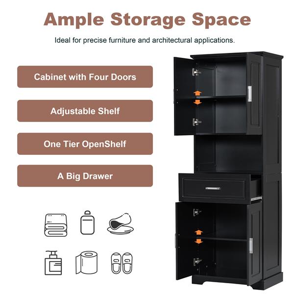 Tall Bathroom Cabinet with Four Doors, Large Storage Space Open Shelve, Upper Storage Cabinet, Black